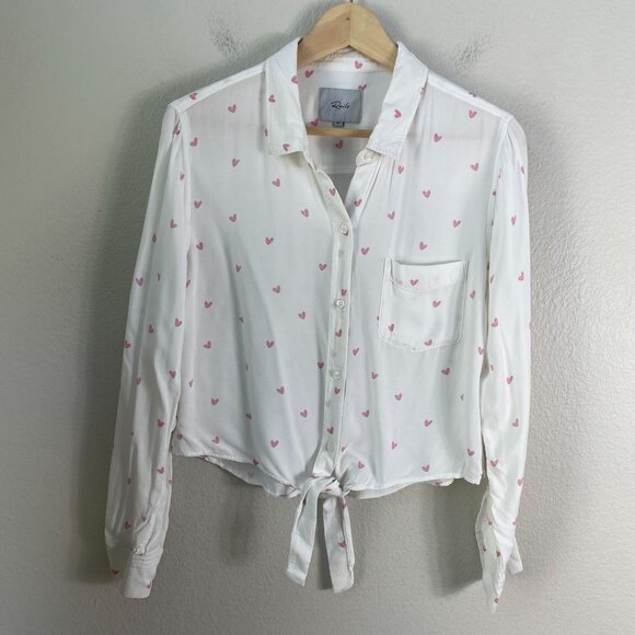 Rails Womens Medium Val Scribble Heart White Button Up Shirt Tie Front Blouse - Picture 8 of 13